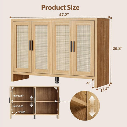 Rattan Buffet Cabinet with Storage, Sideboard Cabinet with Doors and Adjustable Shelves, Farmhouse Coffee Bar Station Table, Modern Wood Cupboard for Kitchen, Livingroom and Dining Room