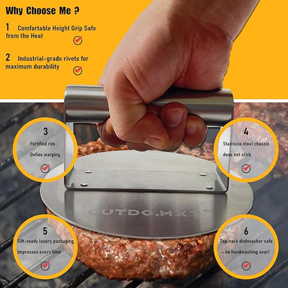 Stainless Steel 6.2" Smash Burger Press, Burger Smasher with Velvet Fabric Storage Bag for Griddle,Grill Press for Hamburger, Bacon, Steak,Meat, Barbecue Grilling Tool,Gift Package