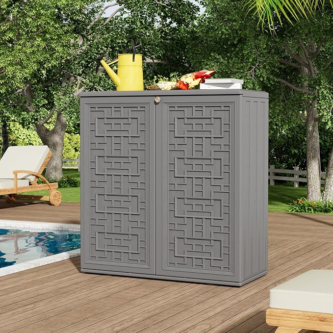 ZZM HDPE Outdoor Storage Shed, Outdoor Plastic Storage Cabinet, Horizontal Resin Tool Shed for Garden, All Weather Outdoor Storage Clearance, DIY Usage, with one Shelf (Gray)