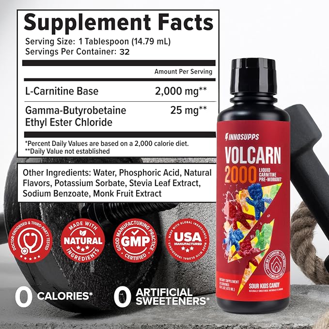 Volcarn 2000 L-Carnitine Liquid Energy, Sour Kids Candy, 32 Servings | Energy booster and ATP supplement with GBEEC; Enhances focus; Caffeine-free, no artificial sweeteners