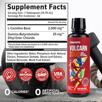 Volcarn 2000 L-Carnitine Liquid Energy, Sour Kids Candy, 32 Servings | Energy booster and ATP supplement with GBEEC; Enhances focus; Caffeine-free, no artificial sweeteners