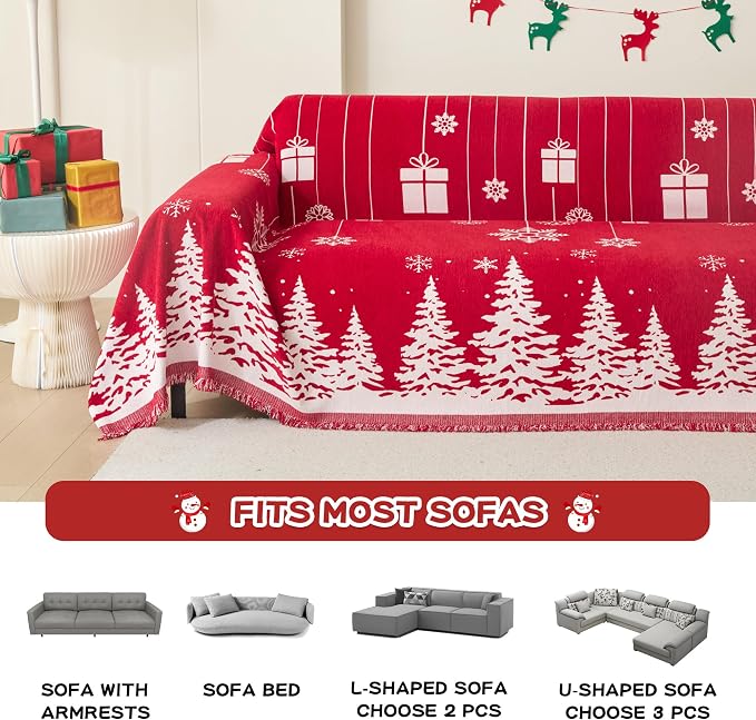MEETSKY Christmas Couch Cover for Sectional Sofa, Chenille Loveseat Red Sofa Covers Washable for Pet Friendly Cedar Decorative Couch Covers, 71" x 102"