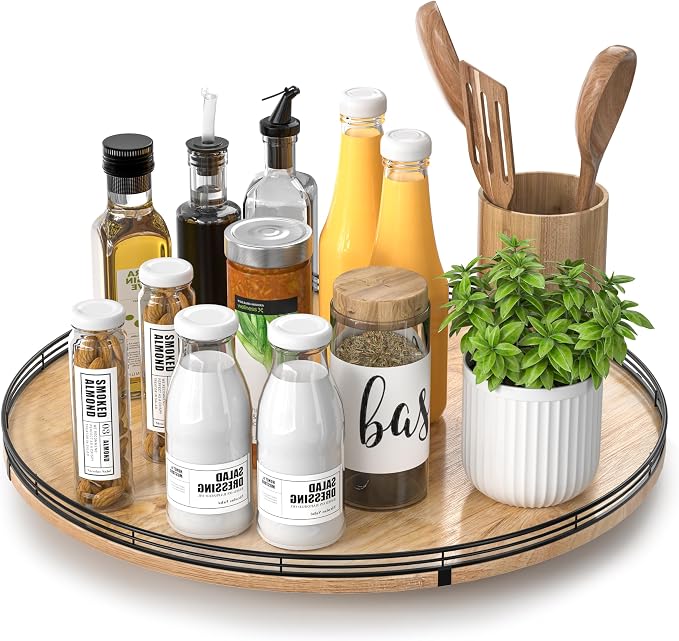 AMH 18-Inch Extra Large Farmhouse Oak Lazy Susan Organizer | Smooth rotating oak tray with walnut finish for dining tables, kitchen counters, pantries and cabinet storage.