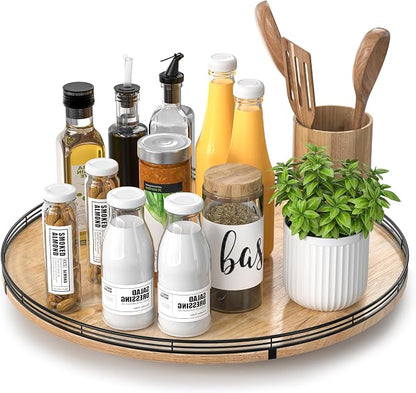 AMH 18-Inch Extra Large Farmhouse Oak Lazy Susan Organizer | Smooth rotating oak tray with walnut finish for dining tables, kitchen counters, pantries and cabinet storage.