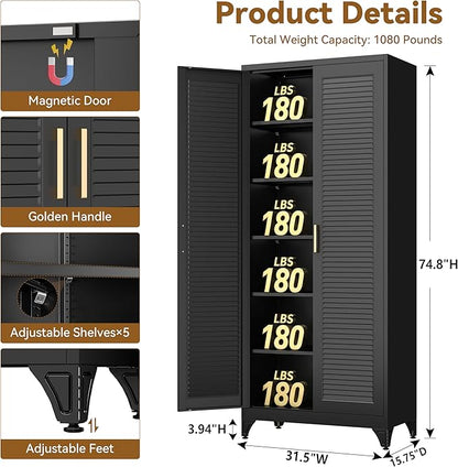 Polup 75" Metal Storage Cabinet with Doors and Shelves, Black Kitchen Pantry Cabinet, 6-Tier Freestanding Tall Storage Cabinet for Garage, Office, Bathroom, Laundry Room, Dining Room