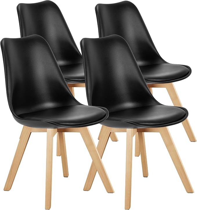 OLIXIS Modern Dining Chairs Set of 4, Plastic Kitchen Chairs with Wood Legs and Backrest, Lightweight Side Chair for Bedroom, Living Room, Apartment, Black