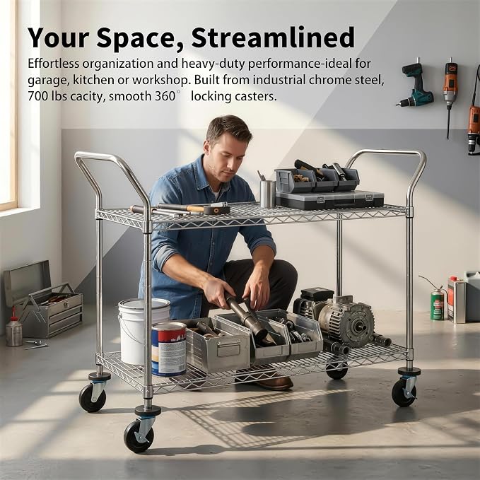 Finnhomy 2-Tier Commercial Grade Rolling Cart, Heavy Duty Utility Cart, Carts with Wheels and Handles, Kitchen Cart on Wheels, Metal Serving Cart with 700 lbs Capacity, Shelf Size 24" D x 48" W, NSF