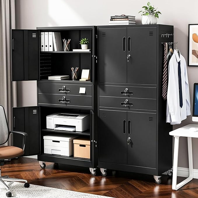 Metal Garage Storage Cabinet with 2 Drawers, 71'' Tall Lockable Storage Cabinet with Adjustable Shelves, Rolling Tool Cabinet on Wheels for Garage, Utility Room (Black)