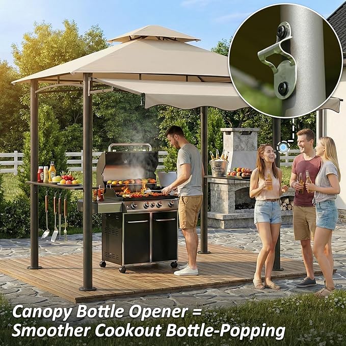 CHARMELEON 8x8 FT Grill Gazebo, Grill Canopy with Big Awning&2 Side Shelves&6 Hooks&Bottle Opener, Powder-Coated Steel BBQ Shelter for Patio Backyard Outdoor Grilling-Beige
