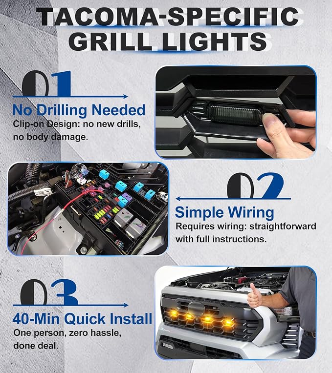 Grill Lights for Toyota Tacoma 2024-2026 Accessory TRD Sport Off Road, RGB | Direct-Snap Raptor Lights Tacoma 4th Gen Front Grille OEM-Style LED Design, IP68 Waterproof, Enhanced Night Visibility
