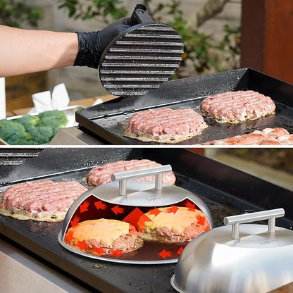 onlyfire 3pcs Griddle Accessories Kit for Blackstone, Cheese Melting Dome & Burger Press Kit for Outdoor Camping, Flat Top Teppanyaki Grilling & Steaming