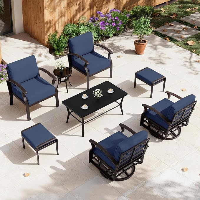 ALAULM Aluminum Patio Furniture Set with Coffee Table Rectangular, 6-seat Outdoor Sectional Furniture w/Swivel Chairs and 2 Ottomans, Patio Conversation Set for Porch, Backyard, Poolside-Dark Blue