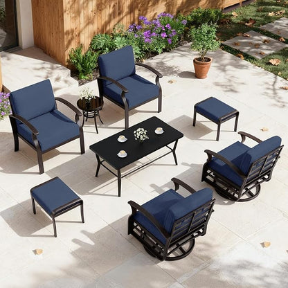 ALAULM Aluminum Patio Furniture Set with Coffee Table Rectangular, 6-seat Outdoor Sectional Furniture w/Swivel Chairs and 2 Ottomans, Patio Conversation Set for Porch, Backyard, Poolside-Dark Blue