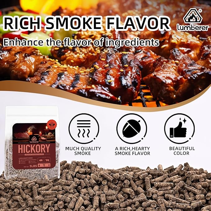 Lumberer Hickory Wood Pellets – Bold Smoky Flavor for Beef & Pork – 5LBS High-Heat BBQ Pellets, Clean Burn & Chemical-Free