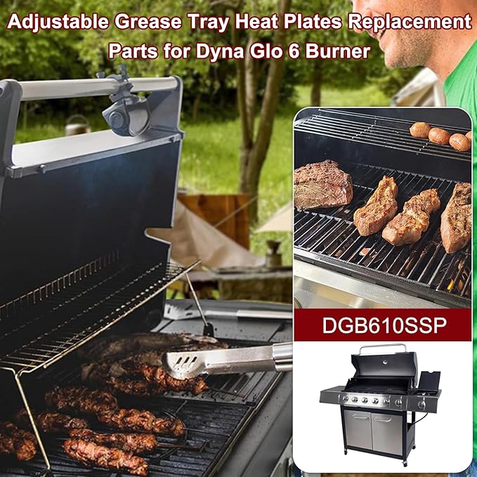Hiorucet Grill Drip Pan Kits for Dyna Glo Grill Replacement Parts DGB610SSP, Adjustable 30''-36'' Grease Tray with Catch Pan, Heat Plate Tent Shields for Dynaglo Grill Replacement Parts 6 Burner.