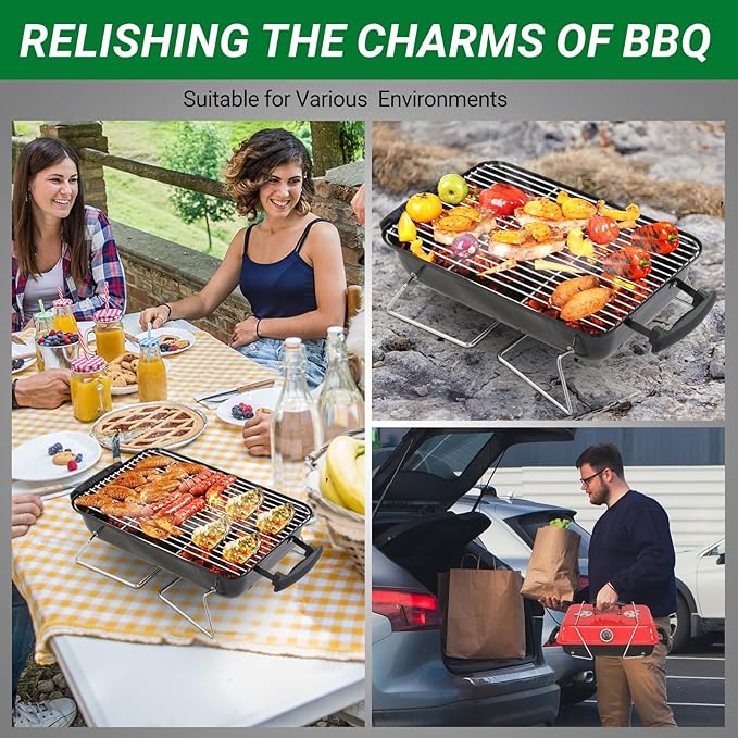 Portable Charcoal Grill, Small Tabletop BBQ Grill for Camping, Backyard, Beach and Picnic, Outdoor Charcoal Grill with Thermometer, Air Dampers and Carry Handles, Red