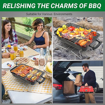 Portable Charcoal Grill, Small Tabletop BBQ Grill for Camping, Backyard, Beach and Picnic, Outdoor Charcoal Grill with Thermometer, Air Dampers and Carry Handles, Red