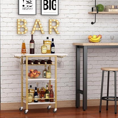 LAATOOREE Bar Cart, Mobile Home Bar Serving Cart, 4 Tier, Gold | Rolling Drink Beverage Cart with Storage Shelf, Wine and Glass Holder, for Dinning Room Living Room Kitchen