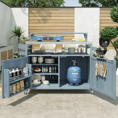 53.3" Outdoor Kitchen Island with Raised Shelf, Solid Wood Rolling Grill Cart with Stainless Steel Top, Storage Cabinet with Internal Racks, Adjustable Shelves & Spice Rack