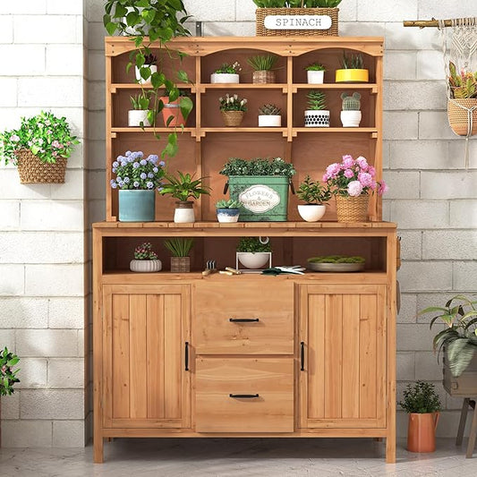 Merax 45.3" Large Outdoor Fir Wood Potting Bench with Storage, Multi-Functional Patio Kitchen Island, 6-Shelf Hutch+2 Cabinets+2 Drawers+3 Hooks, Garden Workstation for Planting, Gardening, Natural