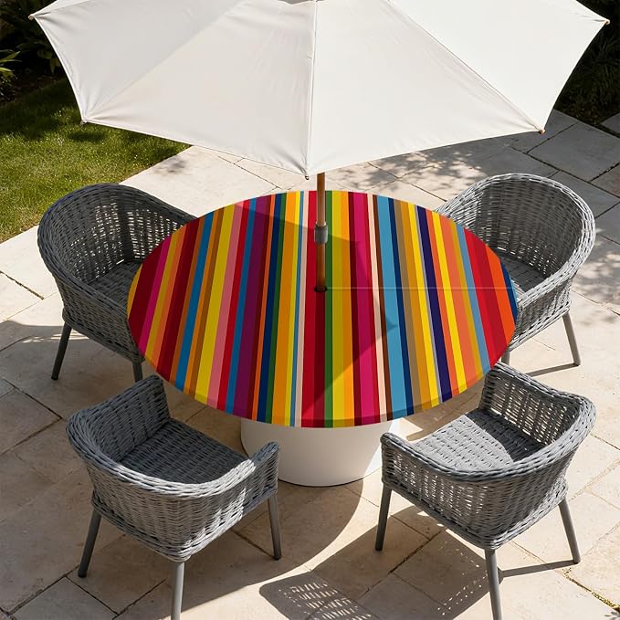 Outdoor Tablecloth with Umbrella Hole and Zipper Fits 53-60" Tables | Waterproof Round Fitted Tablecloth with Elastic Edge, Wipeable Outdoor Table Cover for Patio, Garden, Picnic