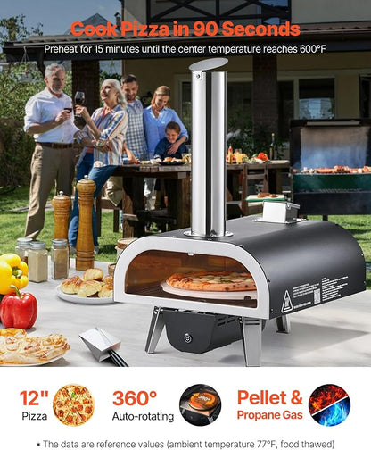 VEVOR Dual Fuel Outdoor Pizza Oven, 12" Auto-Rotating Propane & Wood Pellet Pizza Ovens, Multi-Fuel Pizza Maker with Electric Rotation System & Thermometer, for Outside Patio Camping & Backyard
