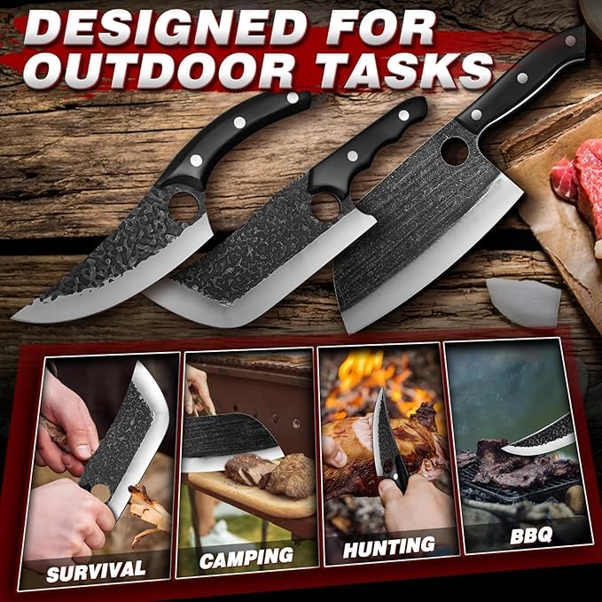 TIJERAS Butcher Knife Set For Meat Cutting, 3PCS Hand Forged Cooking Knives Set With Ergonomic Handle, High Carbon Steel Meat Bone Cleaver for Kitchen Camping BBQ, Birthday Gifts for Men Women