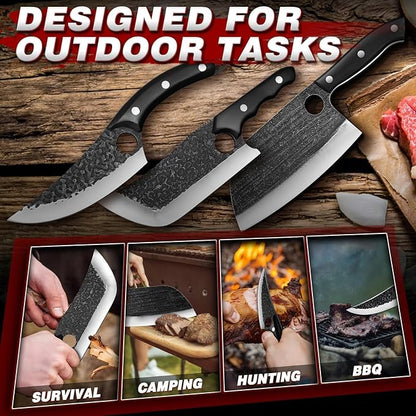 TIJERAS Butcher Knife Set For Meat Cutting, 3PCS Hand Forged Cooking Knives Set With Ergonomic Handle, High Carbon Steel Meat Bone Cleaver for Kitchen Camping BBQ, Birthday Gifts for Men Women