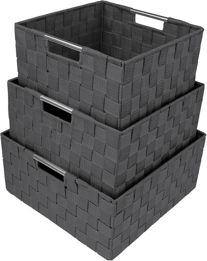 Sorbus Storage Box Woven Basket Bin Container Tote Cube Organizer Set Stackable Storage Basket Woven Strap Shelf Organizer Built-in Carry Handles (Gray)