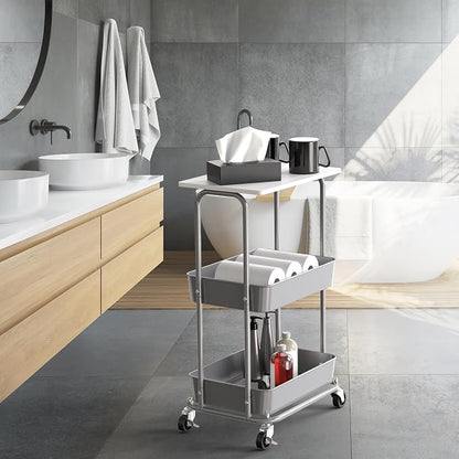 Simple Houseware 2-Tier Rolling Utility Cart Wood Top/Lockable Wheel, White | Metal Storage Organizer Trolley for Kitchen, Bathroom, Office, Craft Room