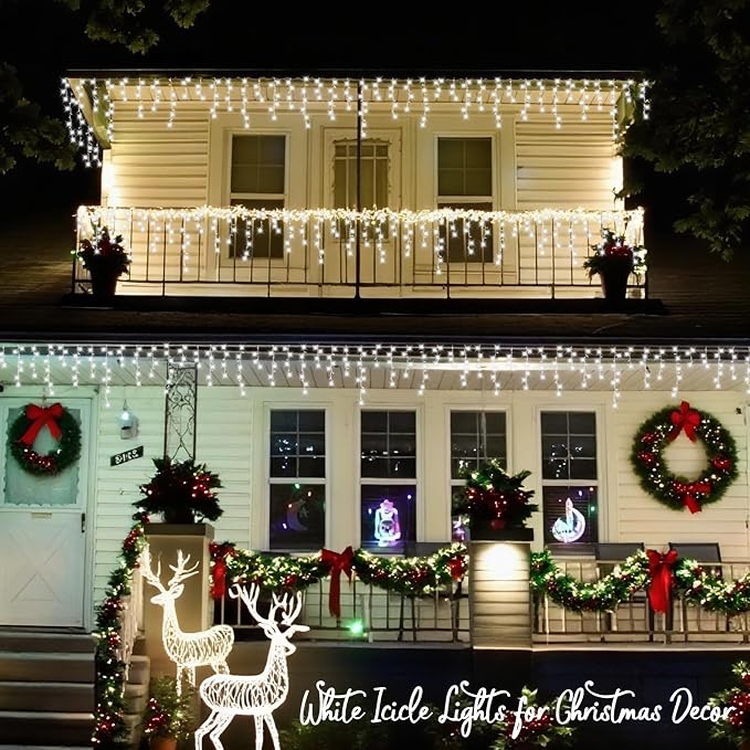 QITONG Icicle Lights for Outside, 33ft 400 LED String Lights Plug in with 8 Modes, Connectable White Icicle Christmas Light Clear Wire Indoor