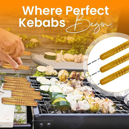 12 Metal Skewers with Wooden Handles, 16 inch BBQ Kabob