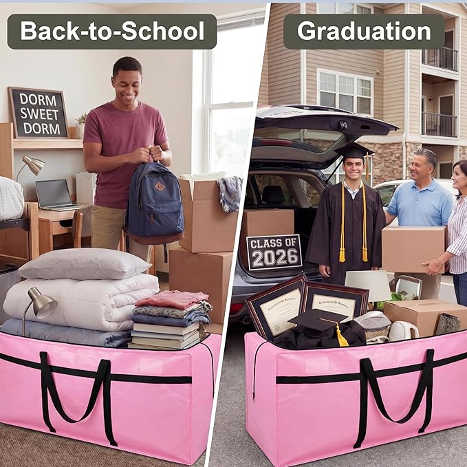 4 Pcs 149 Gallon Extra Large Moving Bags Heavy Duty Storage Bag with Strong Zipper Handle Foldable XXL Jumbo Storage Tote Packing Moving Box for College Dorm Travel Cloth Duffle (Pink)