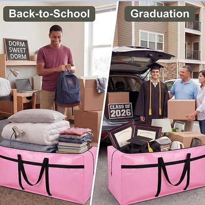4 Pcs 149 Gallon Extra Large Moving Bags Heavy Duty Storage Bag with Strong Zipper Handle Foldable XXL Jumbo Storage Tote Packing Moving Box for College Dorm Travel Cloth Duffle (Pink)