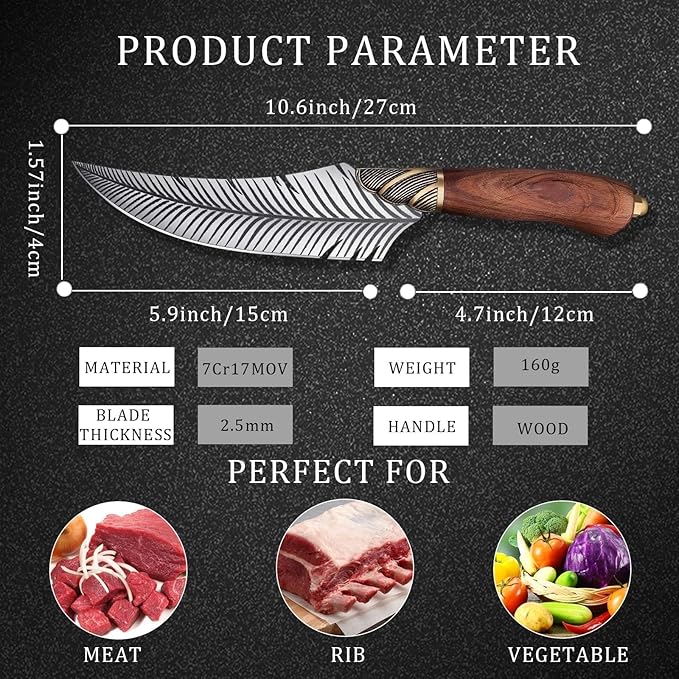 Dream Reach Feather Viking Boning Knife, 6 Inch Professional Viking Knife Meat Cleaver Full Tang with Sheath Gift Box for Outdoor Camping Thanksgiving Christmas Gifts for Men Women