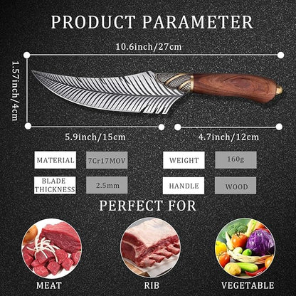 Dream Reach Feather Viking Boning Knife, 6 Inch Professional Viking Knife Meat Cleaver Full Tang with Sheath Gift Box for Outdoor Camping Thanksgiving Christmas Gifts for Men Women