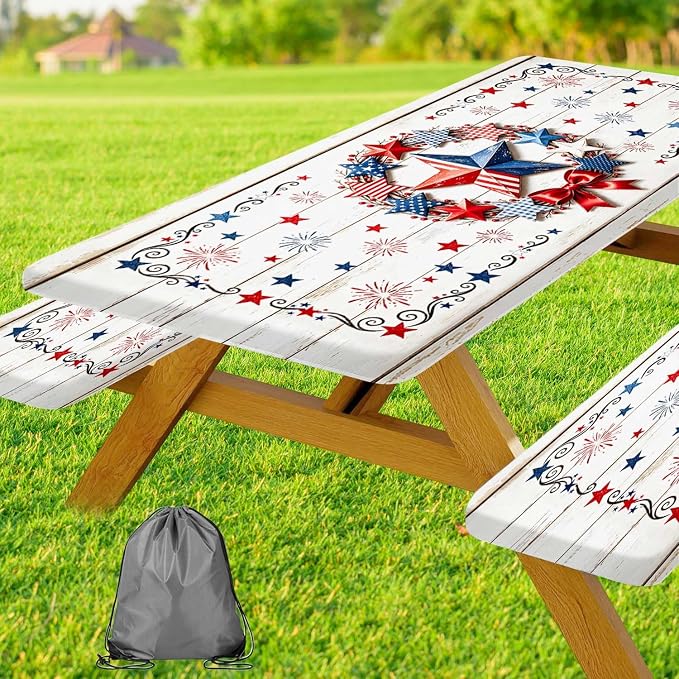 JAWO 4th of July Picnic Table Cover with Bench Covers, Rustic White Wood Patriotic Star Camper RV Essentials Gear Supplies Outdoor Waterproof Windproof Tablecloth with Elastic, 30X72in