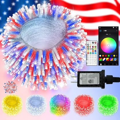 2025 New 88FT 240LED Smart Color Changing 4th of July String Lights Outdoor App Control RGB LED String Lights with Remote & Timer, Waterproof Twinkle American Flag Lights Indoor for Independence Decor