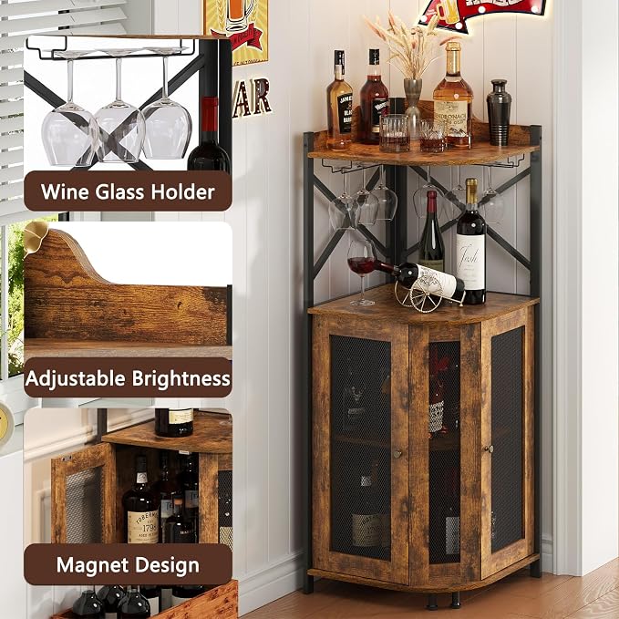 JKsmart Corner Bar Cabinet with LED Lights,Industrial Wine Cabinet with Glass Holder,4-Tier Wine Cabinet with Door and Shelf,Farmhouse Home Bar for Liquor Wine Coffee Storage,Rustic Brown
