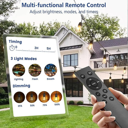 72FT Outdoor String Lights, Remote & Waterproof, Connectable | 2FT Bulb Spacing, Heavy Duty Commercial Grade, 18 AWG Cord, 36+2 Shatterproof Bulbs, IP65, Timer & Dimmable, 2700K Warm White