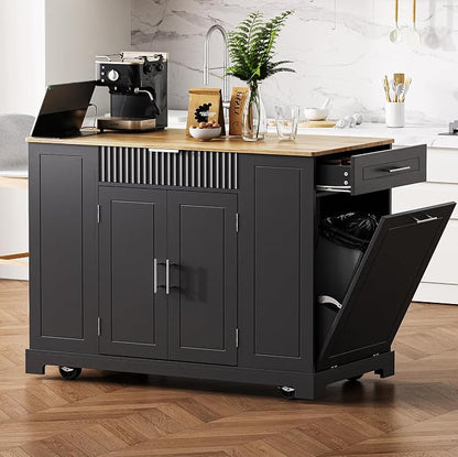 Ball & Cast Fluted Kitchen Island with Trash Can Storage Cabinet,Power Outlet,Internal Storage Rack,Rolling Kitchen Islands On 5 Wheels W/3 Drawers & 3 Open Side Racks for 10 Gallon Garbage Bin,Black