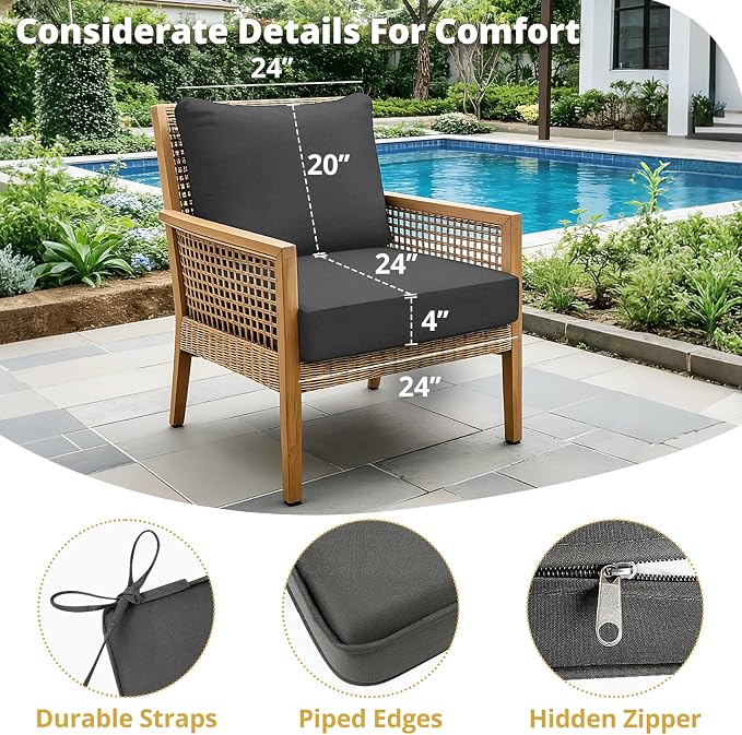 Outdoor Chair Cushion Patio Furniture Seat & Back Pillow 24 x 24 Inch Gray | Rain-Proof Cover Removable Replacement with Ties for Wicker Sofa Couch Sunbrella Outside