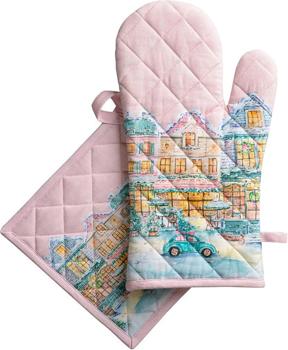 Maison d' Hermine 100% Cotton Oven Mitt & Pot Holder Set (7.5"x13" & 8"x8") | Heat Resistant BBQ Cooking Gloves with Loop Baking Kitchen Home Farmhouse Thanksgiving Christmas - Christmas Market - Pink