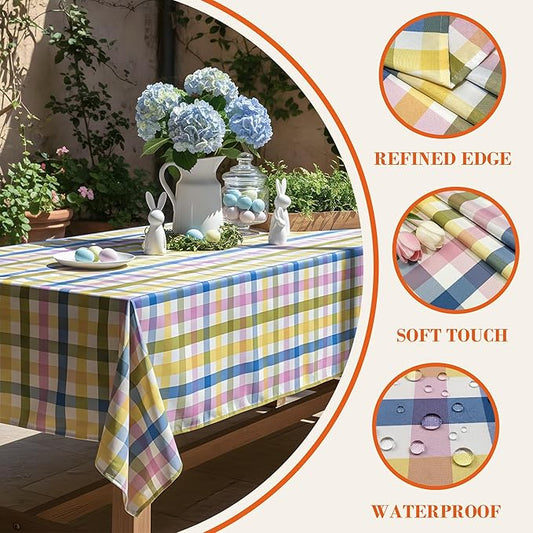 Easter Waterproof Polyester Tablecloth, Pastel Checkered Fabric Table Cover for Spring Party, Kitchen Dining Decor, Easy Care Cloth Tablecloth for Indoor Outdoor Use, W60 x L144 in