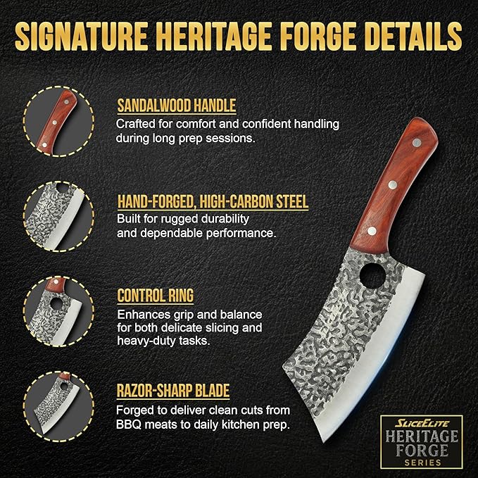 SliceElite Hand Forged Meat Cleaver Knife | Heavy Duty Butcher Knife with Blackened Blade, Sandalwood Handle & Gift Box | High Carbon Steel BBQ Kitchen Cleaver | Bone Chopping Knife for Men