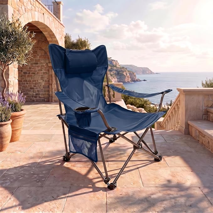 Adjustable Folding Beach Chair, Portable Camping Chair for Adults with Backrest, Reclining Outdoor Chair with Cup Holder & Pocket, Foldable Low Beach Chair for Camping, Picnic, Navy Blue