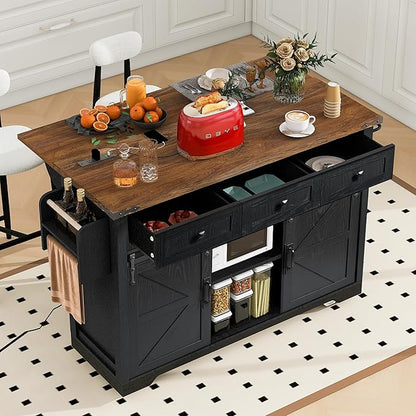 53.7" Farmhouse Kitchen Island with Power Outlet,2 Sliding Barn Door Storage w/Drop Leaf and Spice Rack Rolling Carts on Wheels & Metal Handle,for Home,Dining Room,Black, 50.25"