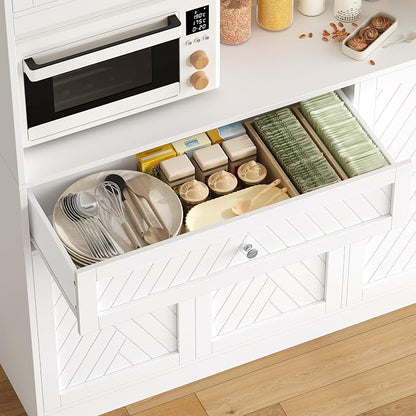 BOTLOG 72” Tall Kitchen Pantry Storage Cabinet with Painted Strip Door | Modern White Kitchen Hutch with Large Storage Drawer, Countertop, Adjustable Shelves for Dining Room, Living Room