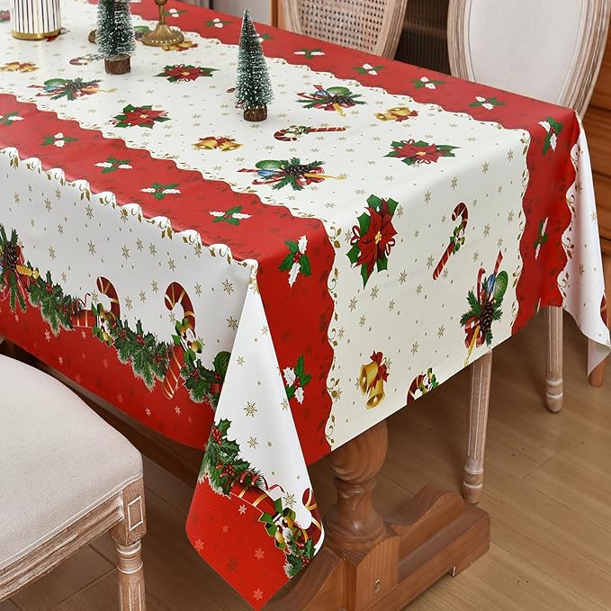 Christmas Tablecloth Heavy Duty Vinyl Red 54x78 inch Square Christmas Table Cloth Reusable Waterproof Foldable Plastic Tablecloths PVC Xmas Table Cover for New Year Party Decor