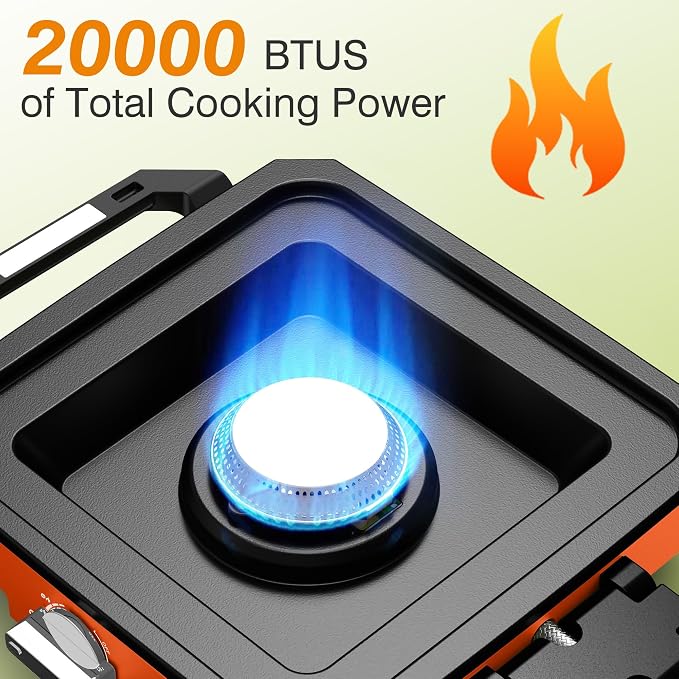 ODSD 2 Burner Camping Stove with Windshield, 20000 BTU Propane Camp Stove, Portable Folding Gas Stove, Camping Essentials Gears Includes Frying Pan, Coffee Stand & Carry Bag (Orange)